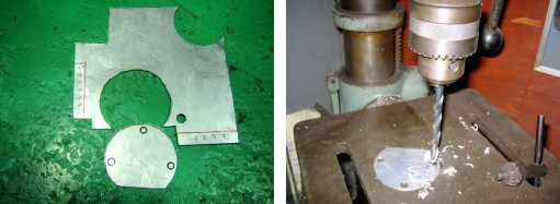 アルミ板を切り出して穴を開けている作業工程の様子（ベスパカスタム）