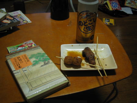 焼き鳥とビール、本を楽しむ夜の晩酌風景