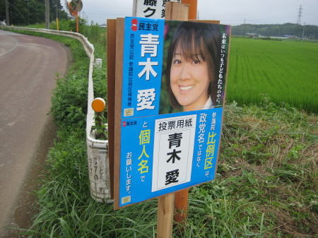 「トゥナイト２」で有名な青木愛の選挙ポスター。田園風景の前に設置されている。