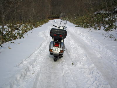 雪道の山道を奥に進むベスパの後ろ姿