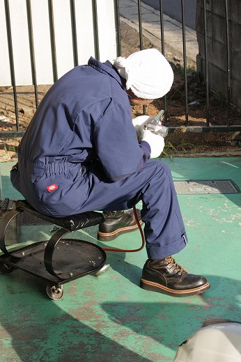 ツナギ姿でお留守番中のお客様、まるでスタッフのような後ろ姿