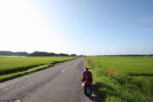 田園風景の一本道に佇む赤いP125X