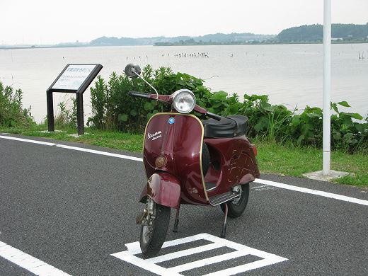 湖畔で撮影されたバーガンディ色のベスパスプリント