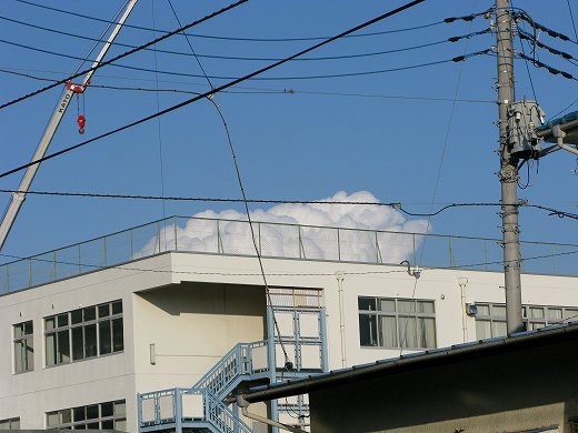 ビルの屋上の向こうに沸き立つ入道雲と青空