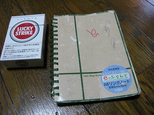 ラッキーストライクの箱と使い込まれたリングノートが床に置かれている