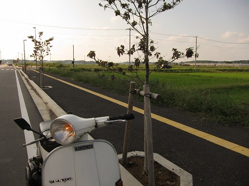 田園風景を背景にした白いベスパの試運転風景