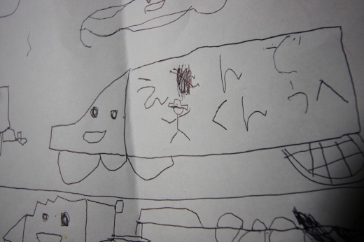 子供が描いた絵に登場する人物と「えんどうくんへ」の文字