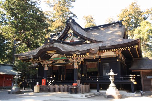 黒を基調とした香取神宮の本殿と周囲の木立
