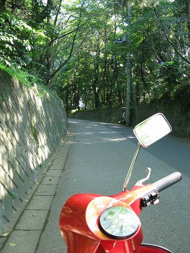 木陰の続く道を走る赤いベスパと涼しい風景