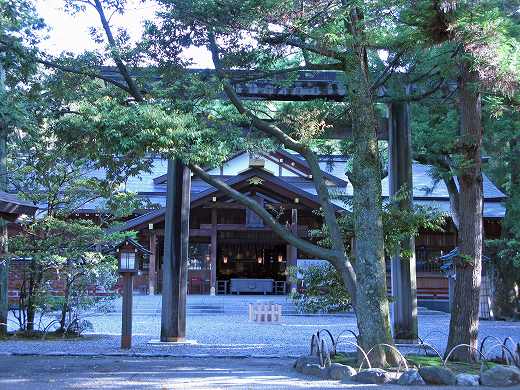木々に囲まれた静かな境内に佇む猿田彦神社の本殿