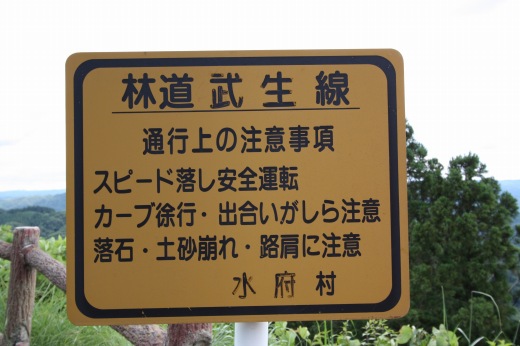 武生神社の参道入口に立つ黄色の注意看板「林道 武生線」