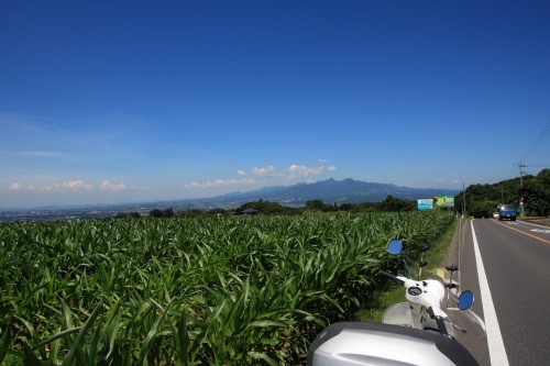 トウモロコシ畑の向こうに筑波山を望む直線道路とベスパの風景。