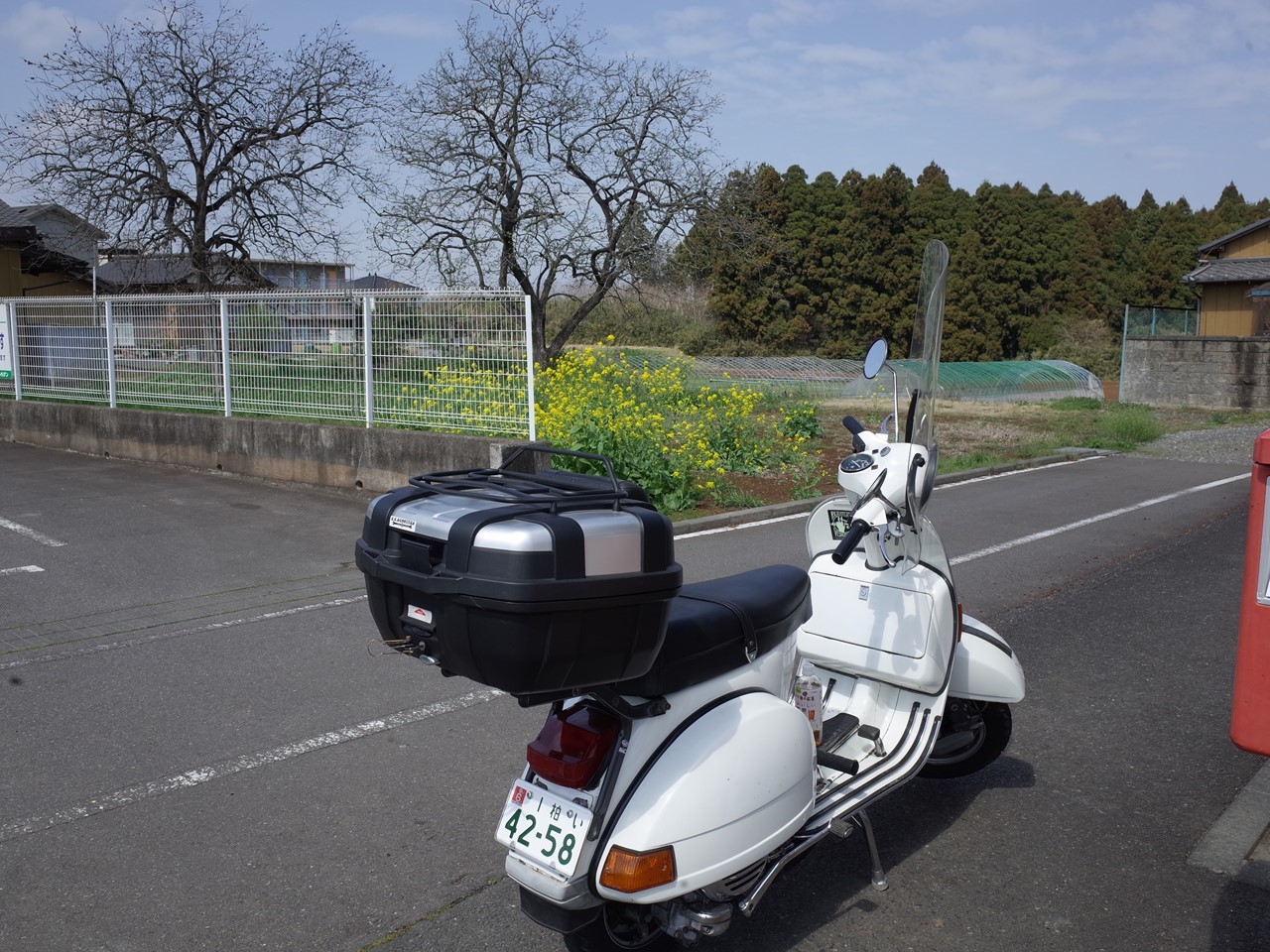 長く続く田舎道を前に停車する白いベスパのフロントビュー