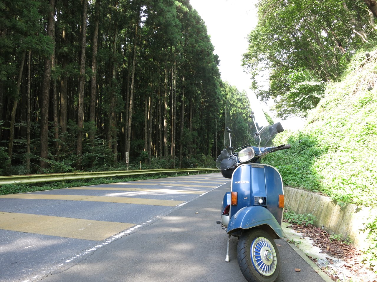 木立に囲まれた林道を走る青いベスパ