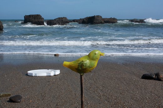 砂浜に立てられた黄色い鳥の飾りと海の景色