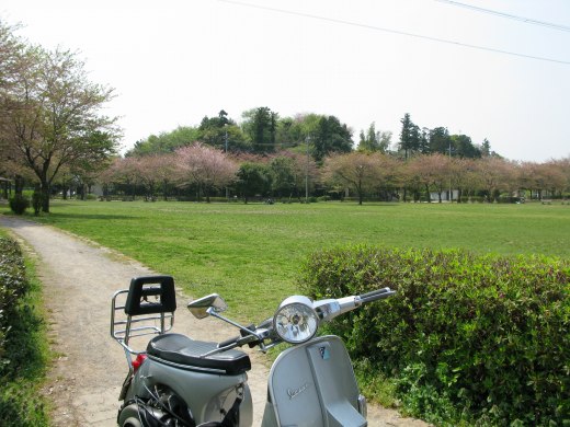 芝生広がる春の公園でベスパを前にのんびり休憩中の風景