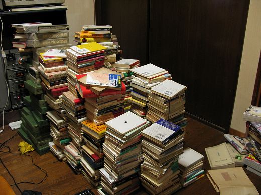 📚 整理対象として積み上げられた大量の本の山