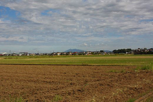 収穫後の田んぼ越しに見える筑波山と秋空