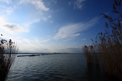 冬空の下、静かな水面が広がる霞ヶ浦の風景