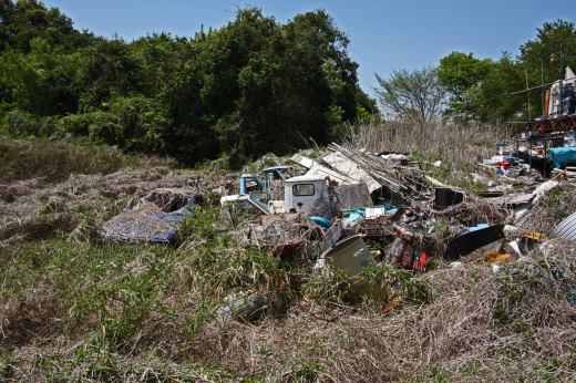 草むらの中に埋もれた複数の車体が放置されている様子