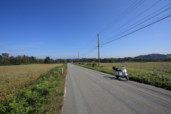 緩やかなカーブを描く山間の道路とベスパ