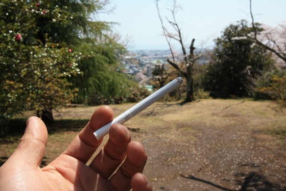 景色を眺めながら煙草を吸う手元のアップ