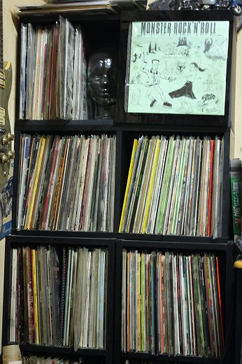 レコード棚からレコードを選んでいる様子