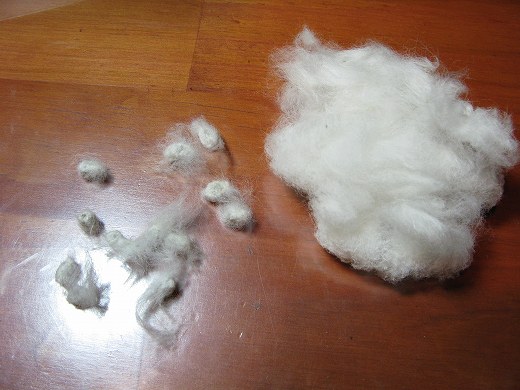 綿の種とほぐした綿を机に並べた状態