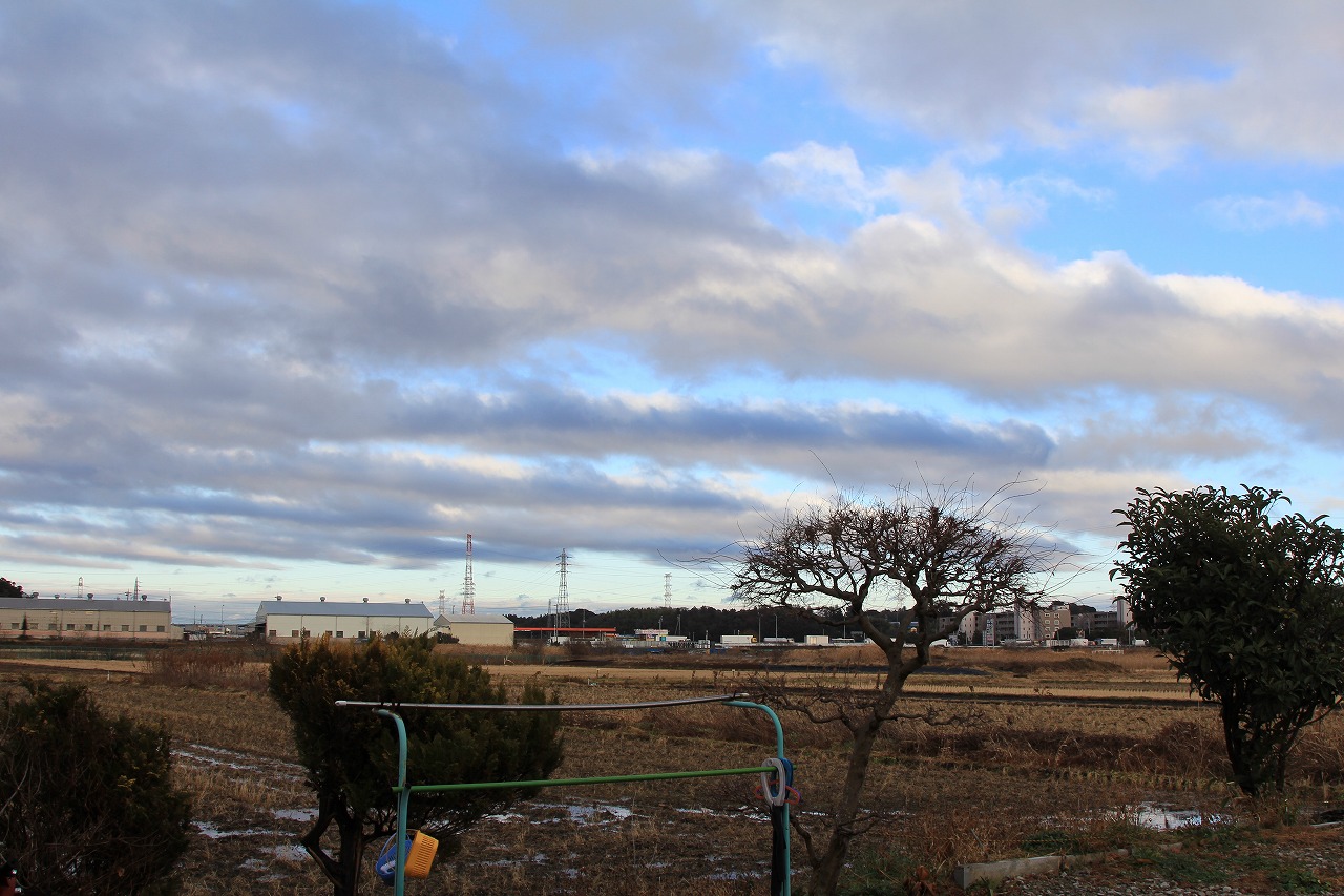 雪予報の中、晴天が広がる柏市の空と街並み
