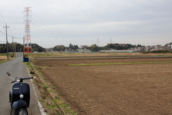 田んぼ道で強風と砂に悩まされる