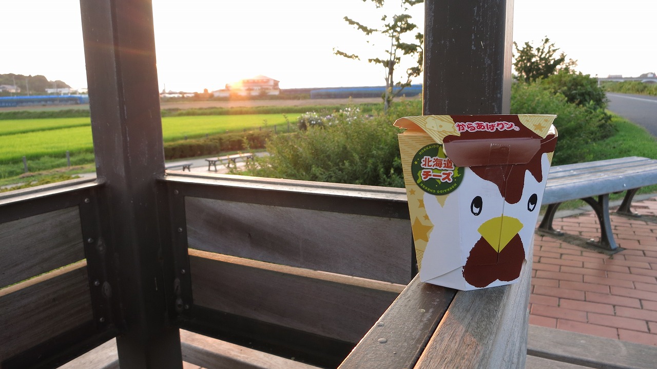 ベンチで青空読書とからあげクン北海道チーズ味