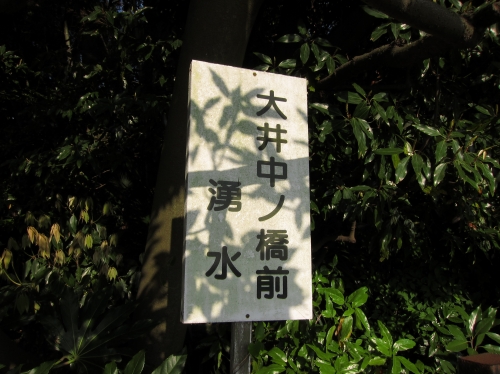 湧き水を案内する看板と背景の景色