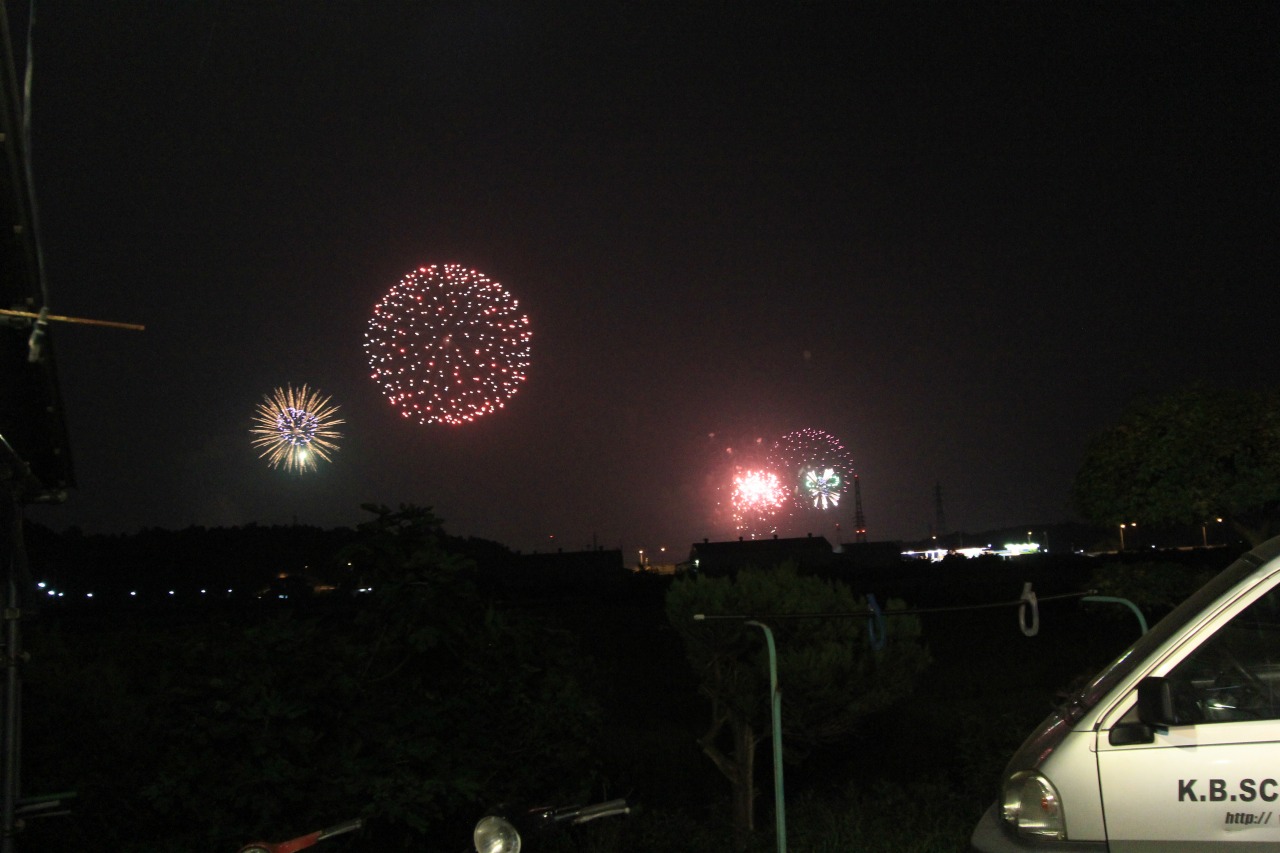 店の外から眺めた2か所の花火