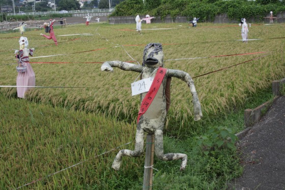 田んぼに立つ不気味な雰囲気の案山子たち