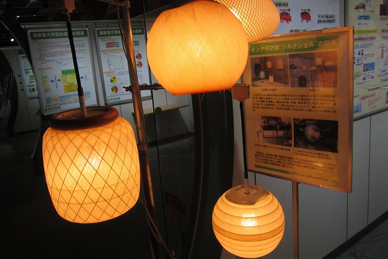 蚕素材から作られたランプシェードの展示