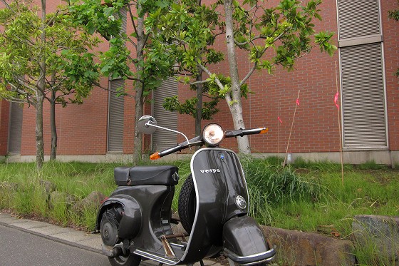 強風の中で試運転を断念したベスパ