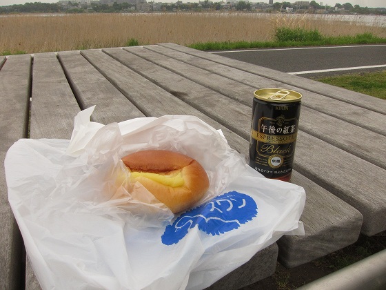 ベンチでクリームパンと午後の紅茶の朝食タイム