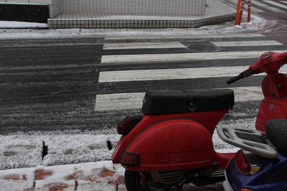 洗車の翌日に降った雪で濡れる道路