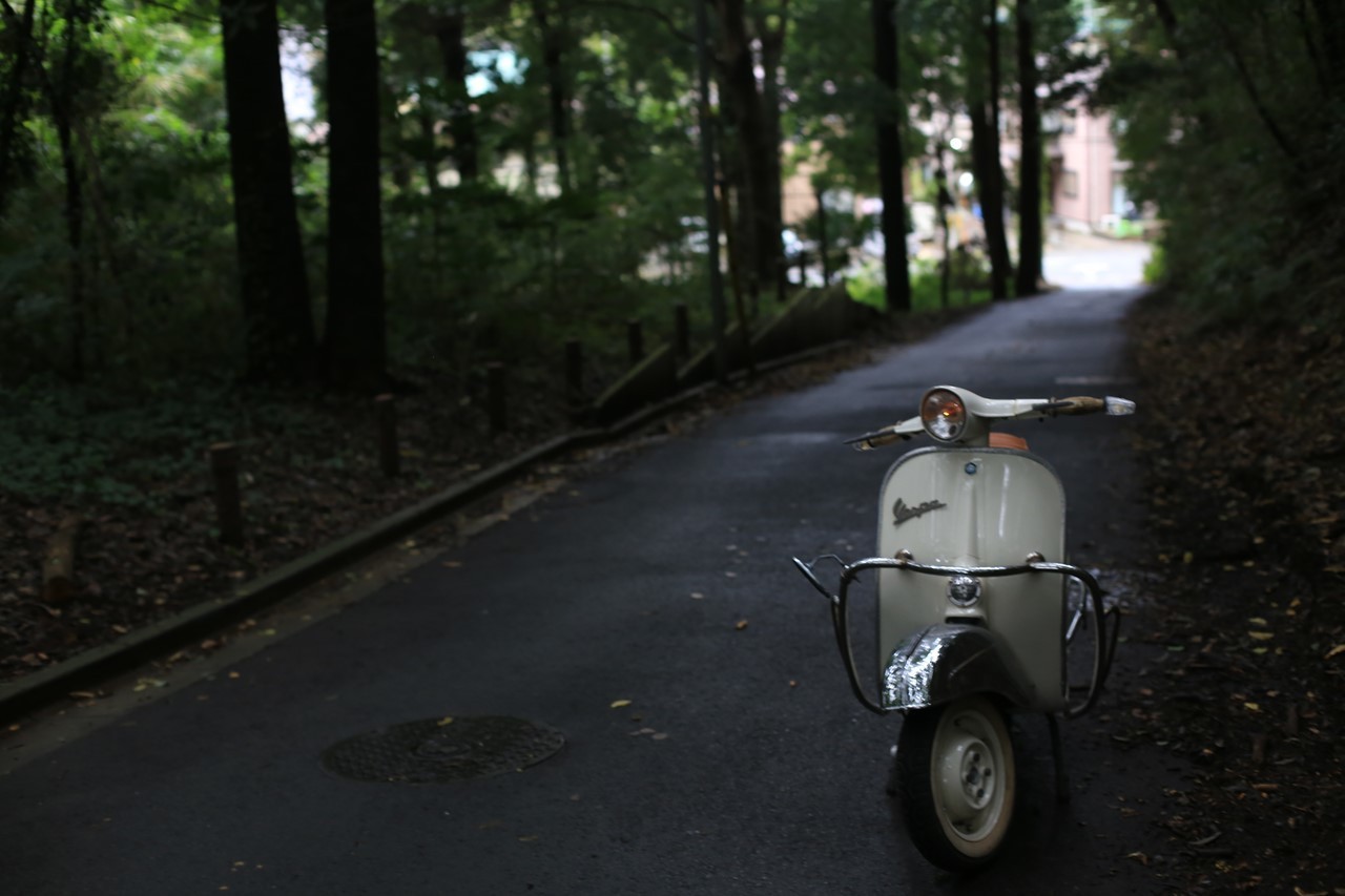 林の小道の入口で停まるベスパ50s(薄暗い路面と緑の奥行き)