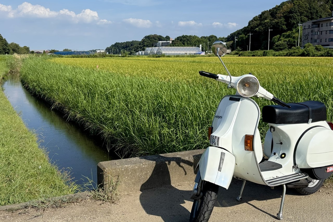 店舗前に停めた白いベスパP125X(アイキャッチ指定)