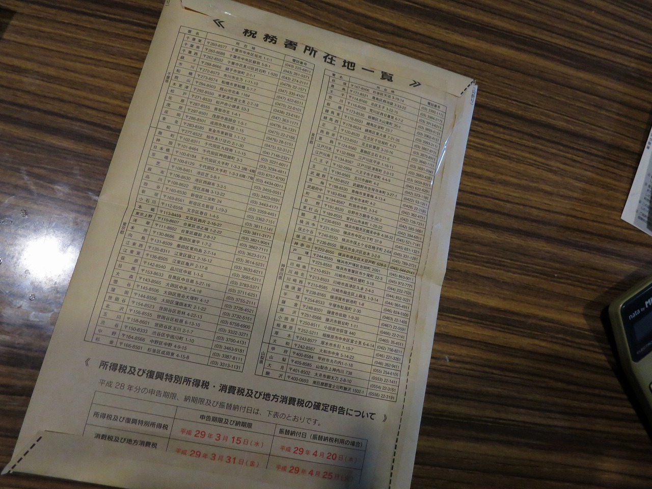 確定申告書類を封筒に入れた状態