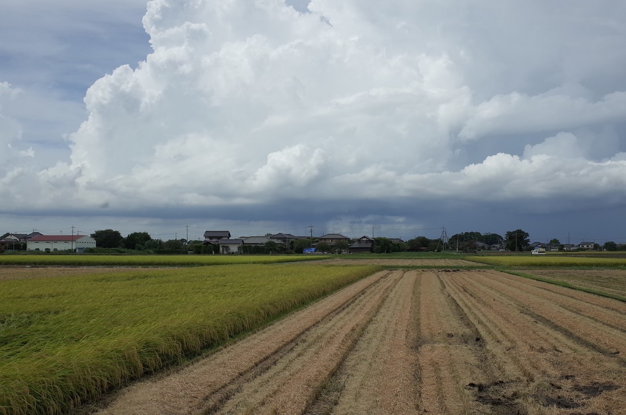 目的地方向に見える雷雲と雨柱