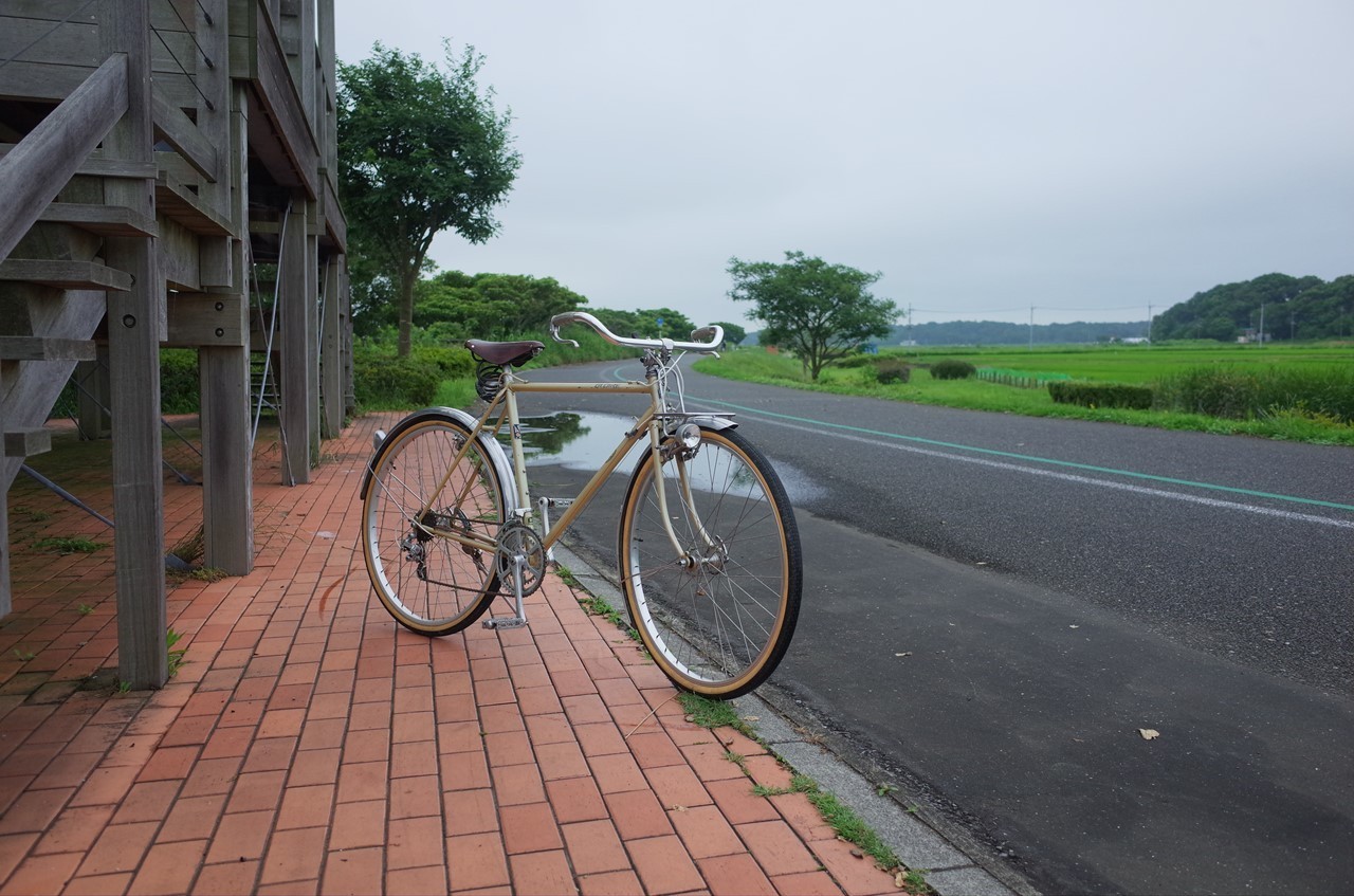 手賀沼サイクリングロードで自転車のチェックをする様子