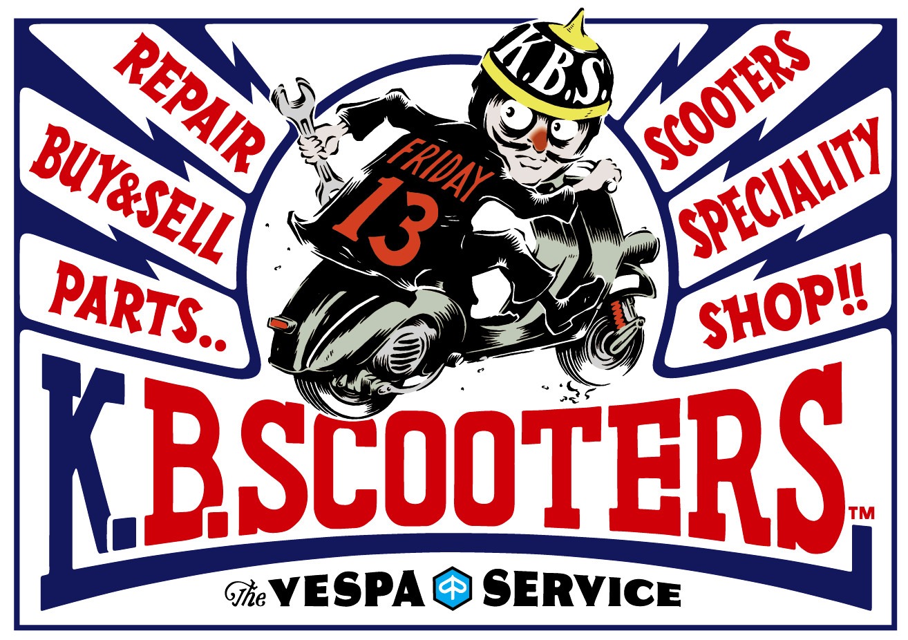 K.B.SCOOTERSのイラストバナー。スクーターで駆けるキャラクターとロゴ。