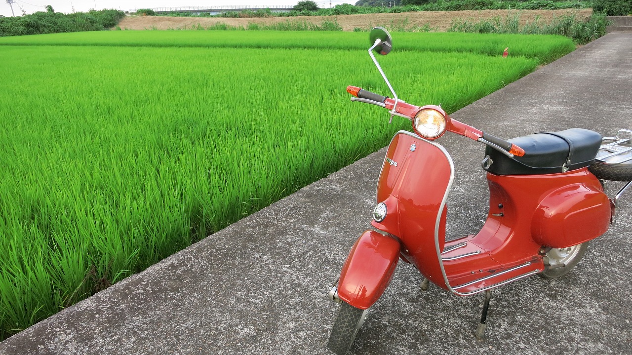 高回転で発電テスト中のvespa50sを明るい時間帯に走行
